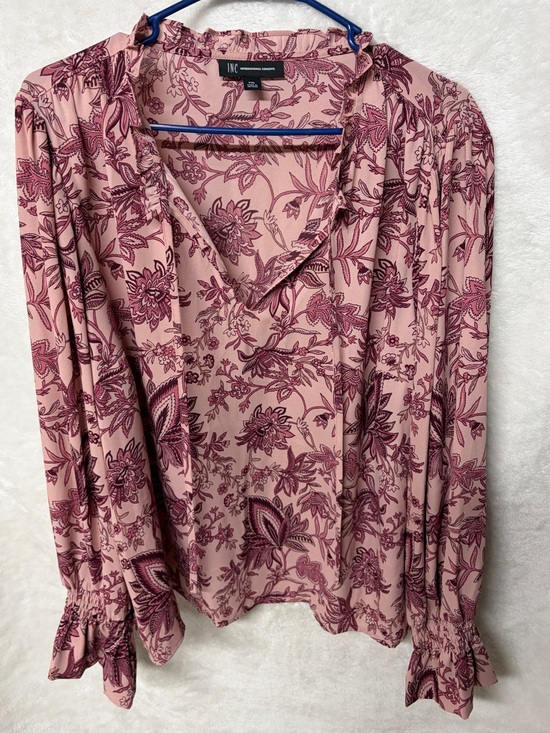 INC International Concepts Tops - INC International Concepts Mauve & Burgundy Floral V-Neck Ruffle Blouse